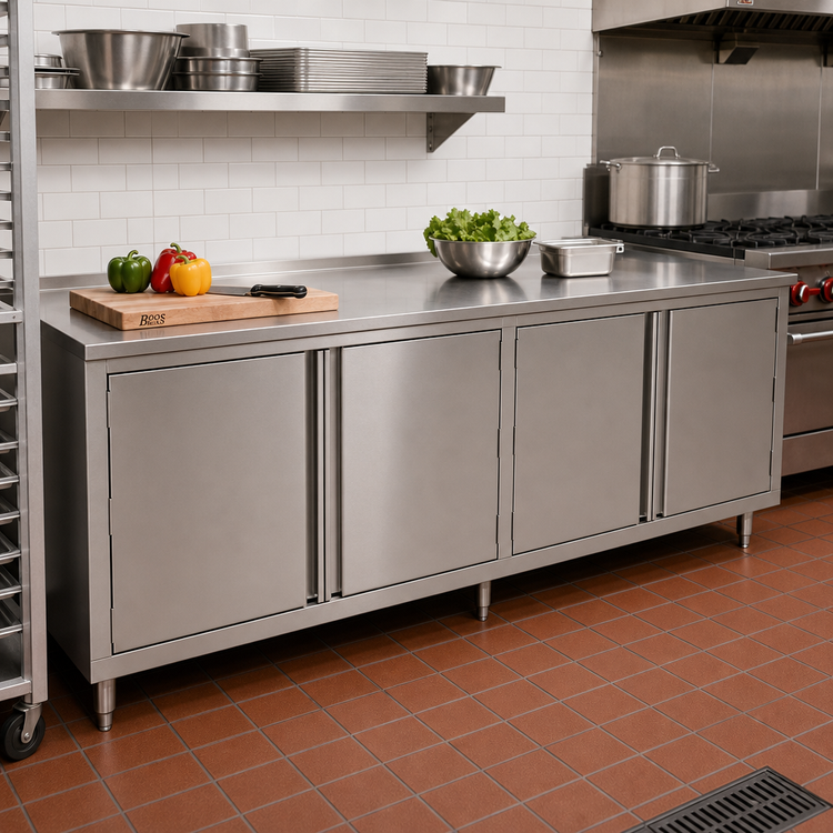 Product image #2 for John Boos 96" W x 24" D Enclosed Stainless Steel Work Table with Cabinet Base, Hinged Doors, and 1-1/2" Rear Up-Turn