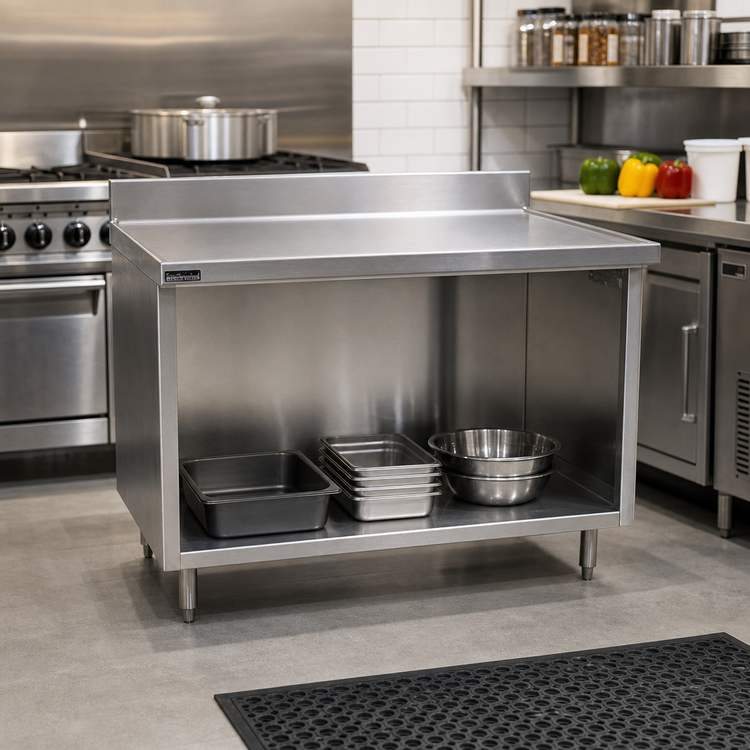 Product image #2 for Spec-Master Marine Series Stainless Steel Underbar Work Table with Cabinet Base, Open Front, 36 x 24 Inch