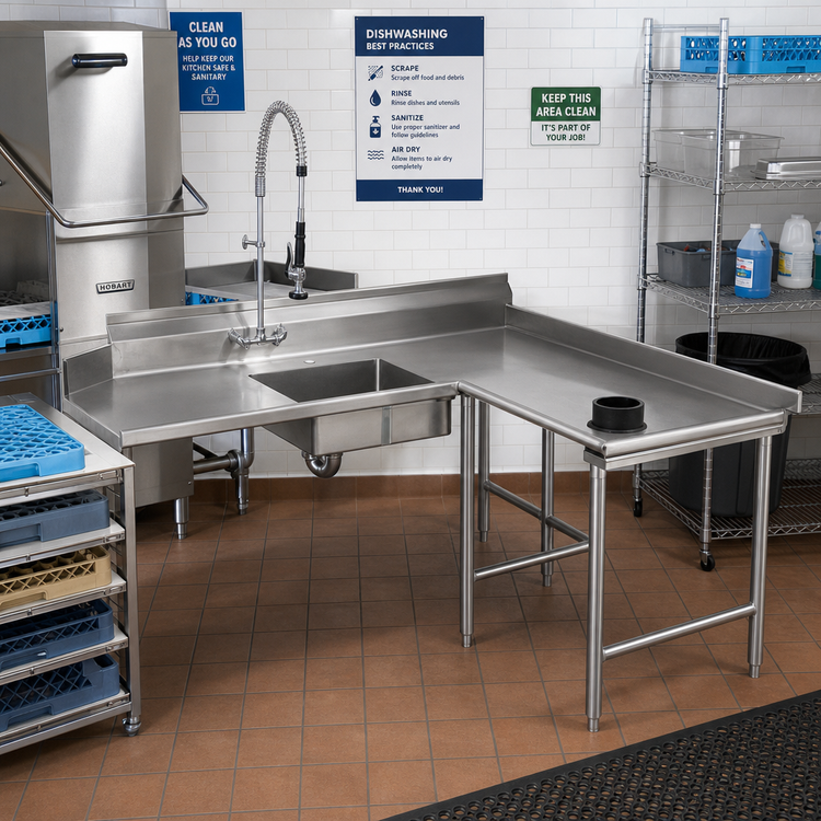 Product image #2 for Spec-Master Island Design Soiled Dishtable with 20 x 20 x 5 Pre-Rinse Sink, Right-Hand, 96-Inch Machine-to-Corner x 60-Inch Corner-to-End, 14/304 Stainless Steel