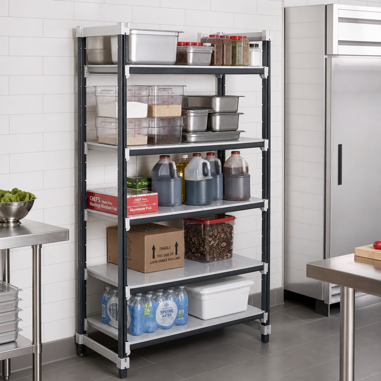 Product image #2 for Cambro Camshelving Elements XTRA 5-Tier Solid Stationary Starter Unit, 18" Deep x 48" Wide x 84" High, Speckled Gray