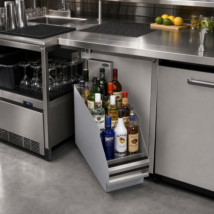 Product image #2 for Krowne Royal Series Freestanding Underbar Stainless Steel Liquor Display, 8 x 24 Inch, 5-Step, 10-Bottle Capacity