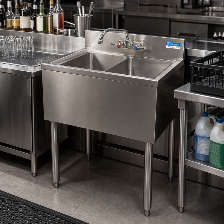 Product image #2 for BK Resources 24-Inch Two-Compartment Stainless Steel Underbar Sink with Lead-Free Faucet, Basket Drains, and Overflow Standpipes