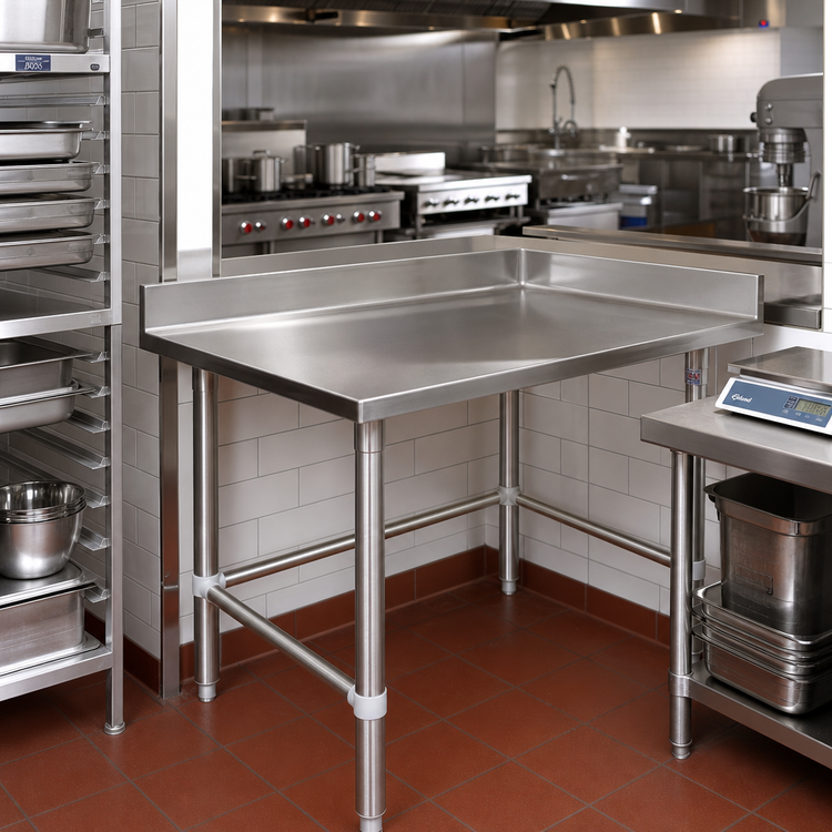 Product image #2 for John Boos Stallion Stainless Steel Corner Work Table, 30 x 30 Inch, 16 Gauge 300 Series Top, 5-Inch Backsplash