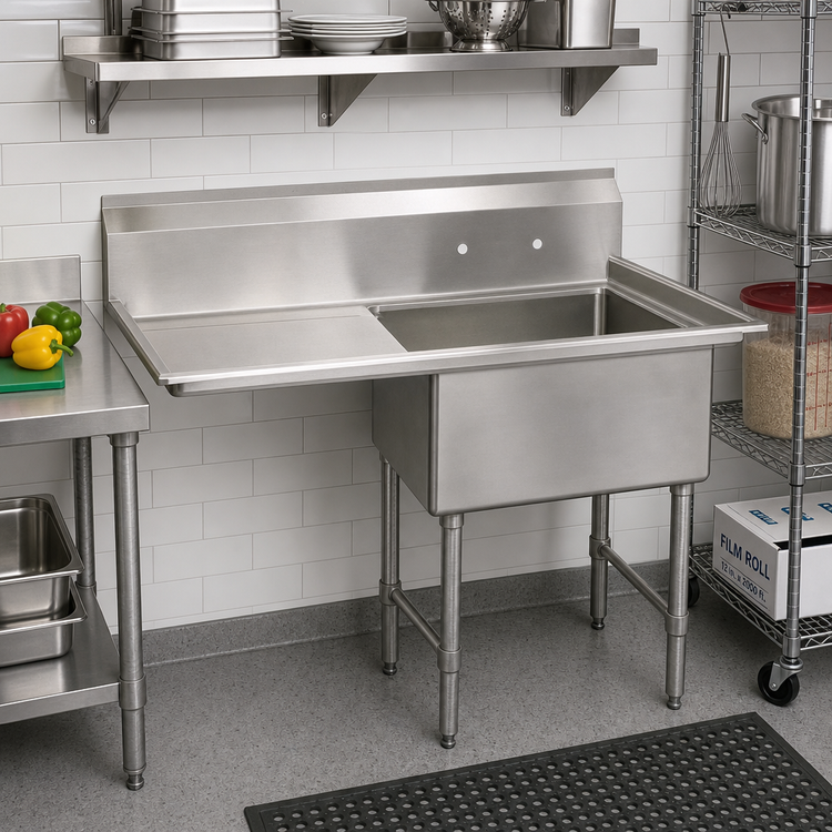 Product image #2 for BK Resources 1-Compartment Stainless Steel Sink with Left Drainboard, 38-1/2 Inch Wide