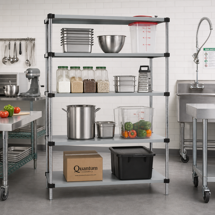 Product image #2 for Quantum Stationary Solid Stainless Steel Shelving Starter Kit, 48" W x 18" D x 74" H, 4 Shelves