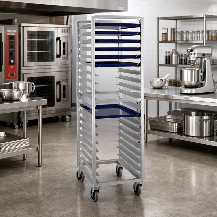 Product image #2 for New Age Full-Height Mobile Aluminum Bun Pan Rack, End Loading, 20-Pan Capacity