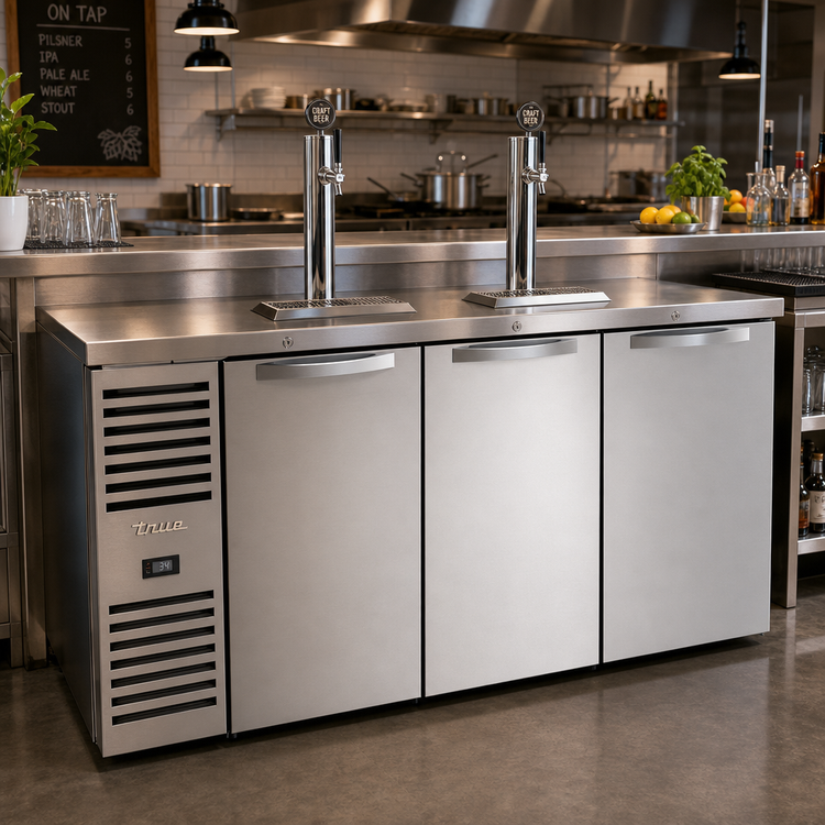 Product image #2 for True 72-Inch Three-Section Refrigerated Draft Bar Cooler with 2 Beer Towers and Stainless Steel Countertop