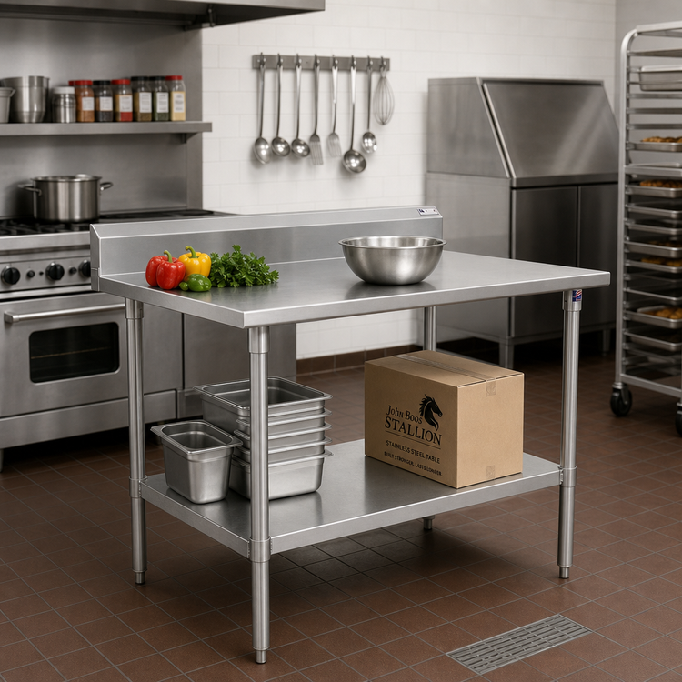 Product image #2 for John Boos Stallion 84-Inch W x 24-Inch D 16-Gauge 300 Series Stainless Steel Work Table with 5-Inch Backsplash and Galvanized Undershelf