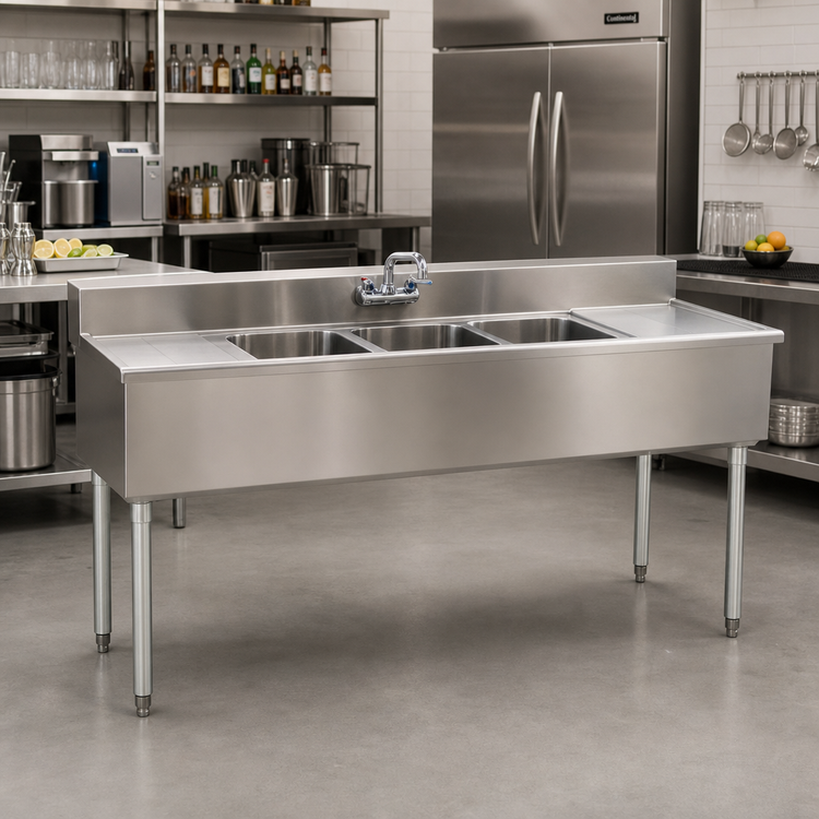 Product image #2 for Eagle Group 1800 Series 72-Inch Wide 4-Compartment Underbar Sink Unit with Drainboards and Faucets