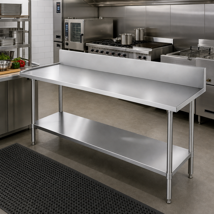 Product image #2 for Advance Tabco 84" x 36" 14 Gauge 304 Stainless Steel Work Table with 10" Backsplash and Adjustable Undershelf