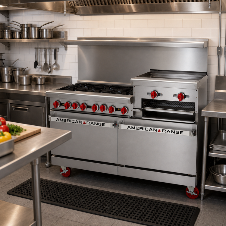 Product image #2 for American Range 72-Inch Commercial Gas Restaurant Range with 6 Open Burners, 36-Inch Right-Side Raised Griddle/Broiler, and 2 Storage Bases