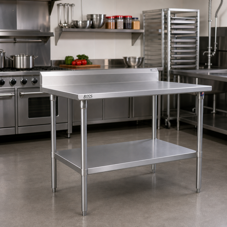Product image #2 for John Boos Stallion 72" x 30" Stainless Steel Top Work Table with 5" Backsplash and Adjustable Undershelf