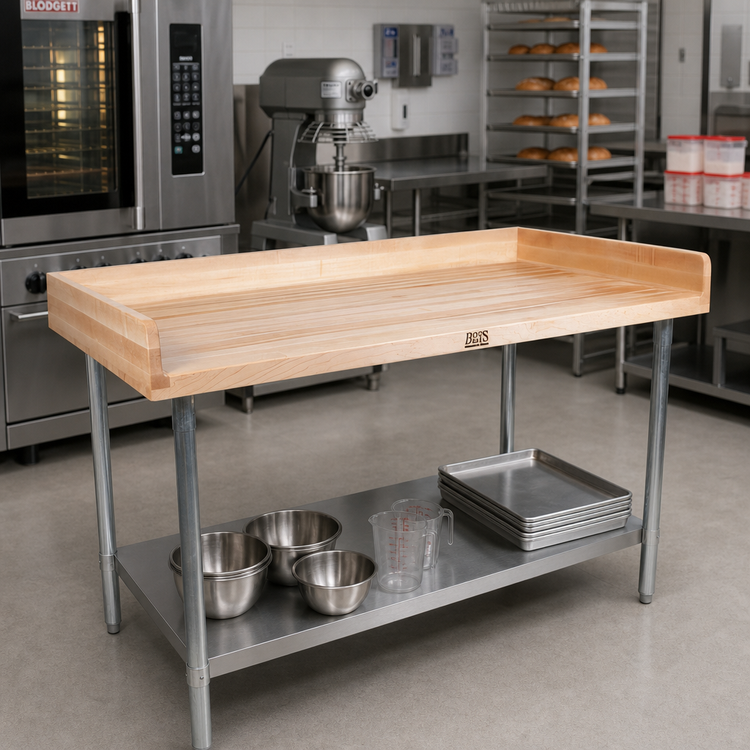 Product image #2 for John Boos 48-Inch x 36-Inch Baker's Work Table with Northern Hard Rock Maple Top, Stainless Steel Undershelf, and Coved Riser