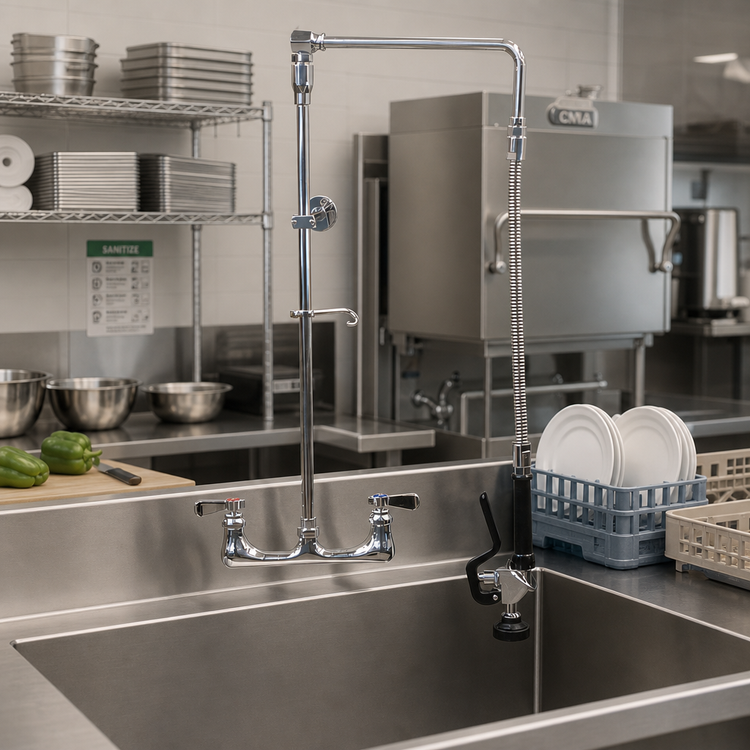 Product image #2 for BK Resources Optiflow 8-Inch Centers Splash-Mount Swing Arm Pre-Rinse Assembly with 8-Inch Add-On Faucet