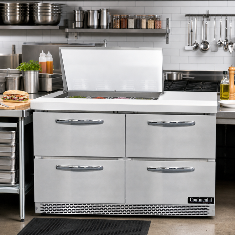 Product image #2 for Mighty Top SW48N12M-FB-D 48 Inch Two-Section Front Breather Refrigerated Sandwich Prep Table with Drawers