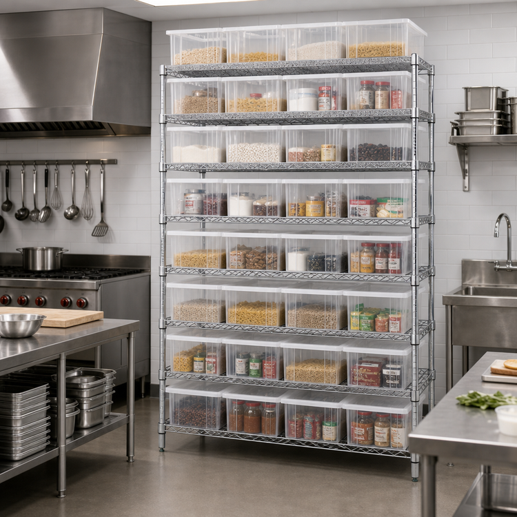 Product image #2 for Quantum 48"W x 18"D x 74"H Stationary Bin Wire Shelving System with 9 Shelves and 36 Clear Containers, Chrome Plated