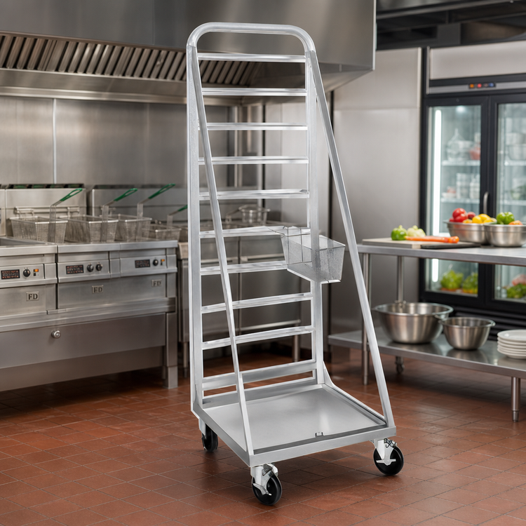 Product image #2 for Mobile Aluminum Fry Basket Rack with Removable Drip Pan, 27-Basket Capacity