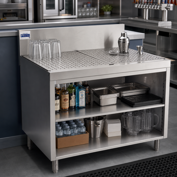 Product image #2 for Advance Tabco Prestige Supreme 36-Inch Stainless Steel Open Front Underbar Drainboard Cabinet with 7-Inch Backsplash
