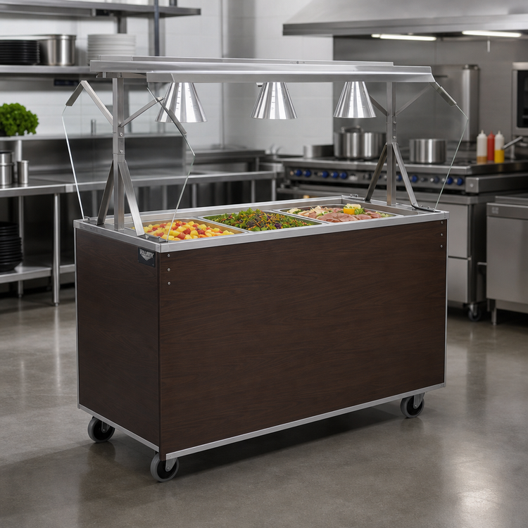 Product image #2 for Vollrath 2-Series Affordable Portable 3-Pan Non-Refrigerated Cold Food Station with Buffet Breath Guard, Lights, and Storage Door, Walnut Woodgrain, 46-Inch