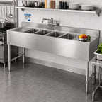 Thumbnail image #2 for Klinger's Trading DEL42D 72-Inch 4-Compartment Stainless Steel Floor-Model Deli Sink with Dual Drainboards, Faucet, and 16-Gauge Top