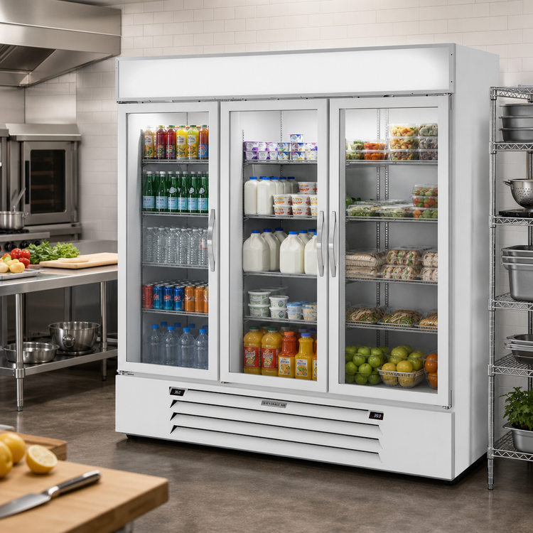 Product image #3 for Beverage Air MarketMax Dual Temperature Three-Section Reach-In Merchandiser Refrigerator with 3 Glass Doors