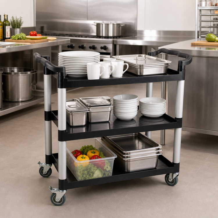 Product image #2 for 3-Shelf Utility Bus Cart with Black Plastic Shelves, 42-1/2 x 19-3/4 x 37-7/8 Inches