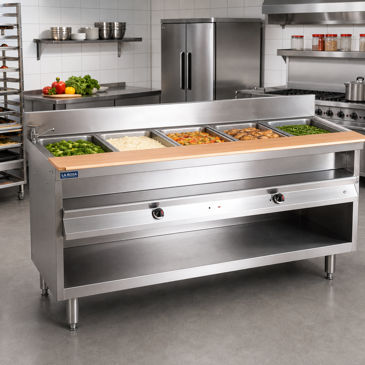 Product image #2 for La Rosa Refrigeration 72-Inch Electric Water Bath Hot Food Table with 5 Pan Openings, Open Cabinet Base
