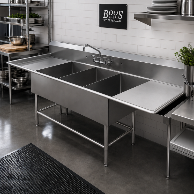 Product image #2 for John Boos Pro-Bowl 3-Compartment Stainless Steel Sink with Left and Right Drainboards, 14" Deep Bowls