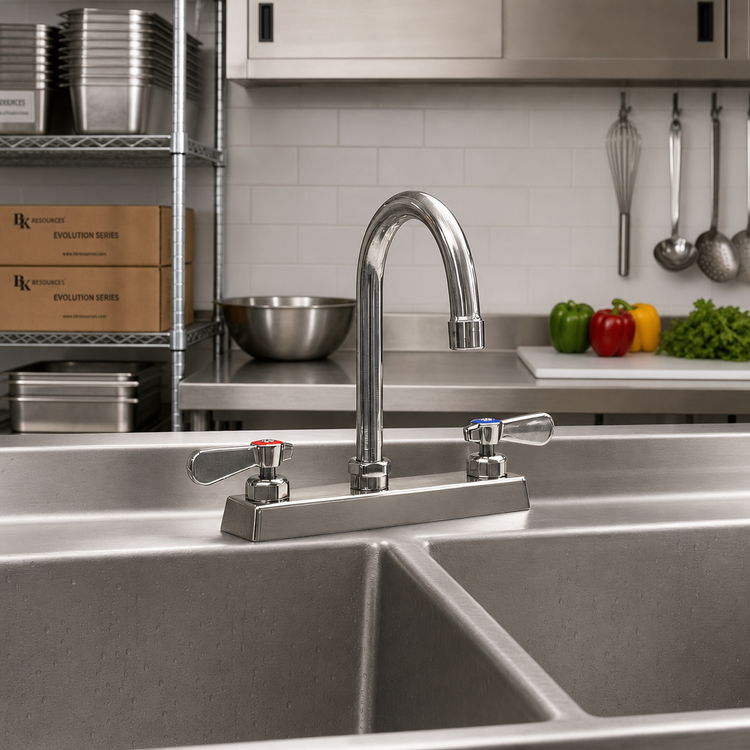 Product image #2 for BK Resources Evolution Lead-Free Deck-Mount Manual Faucet with 8-Inch Centers and 5-Inch Gooseneck Spout