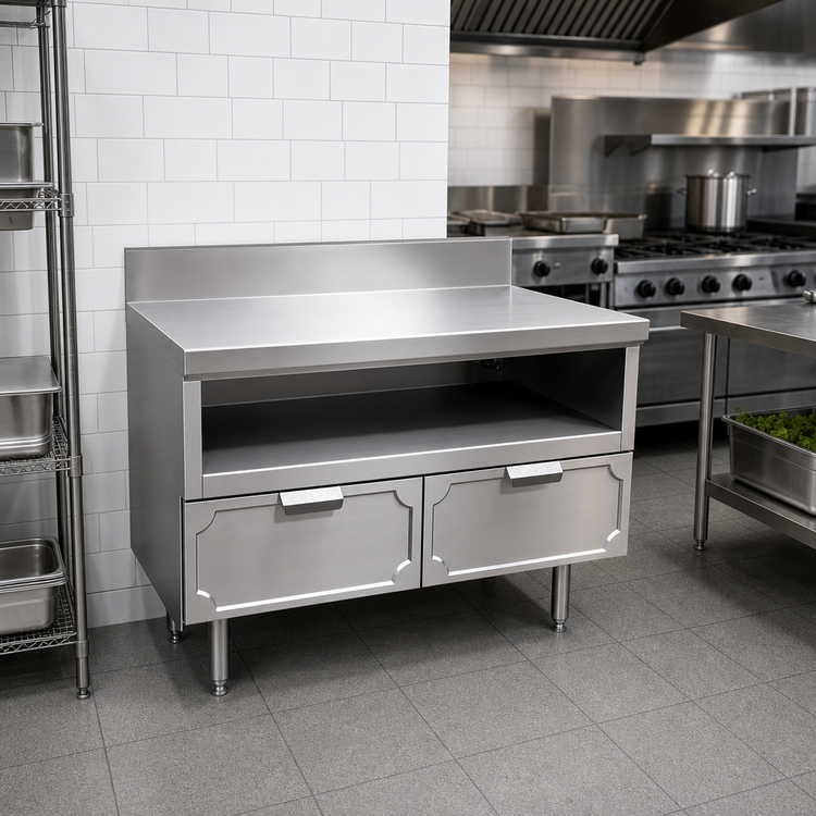 Product image #2 for La Rosa 48" x 32" Stainless Steel Utility Stand with Dry-Drawer Base and Rear Splash