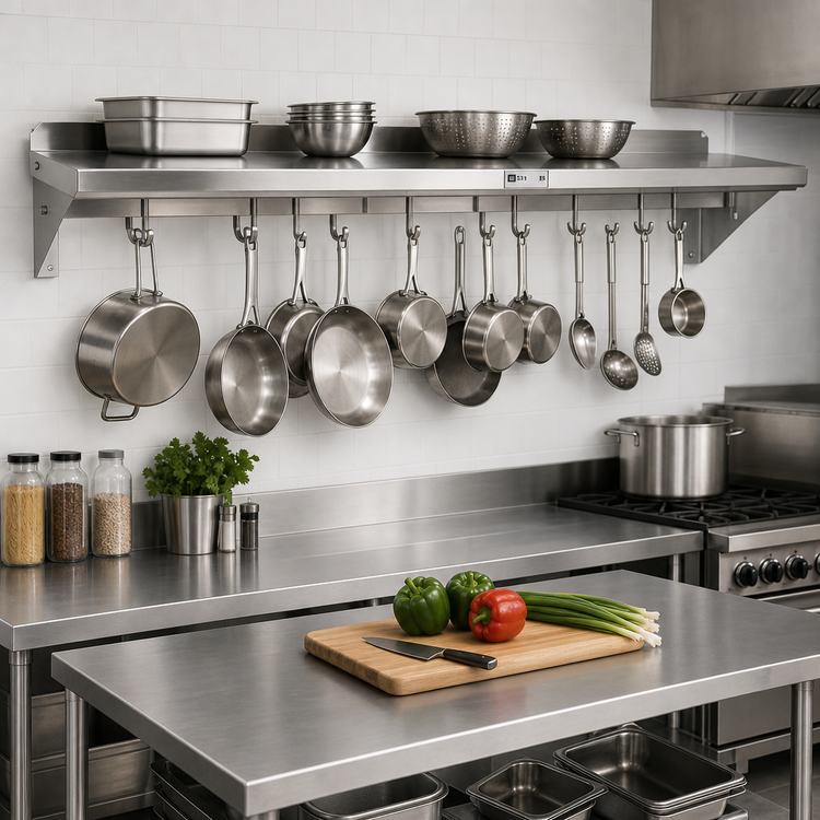 Product image #2 for John Boos Stallion Wall-Mount Pot Rack Shelf with 11 Hooks, 132 x 18 x 13 Inches