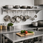 Thumbnail image #2 for John Boos Stallion BHS18132PR Wall-Mount Pot Rack Shelf, 132"W x 18"D x 13"H, Stainless Steel, 11 Hooks