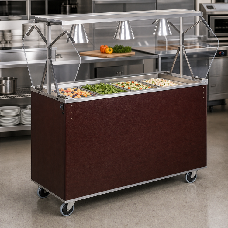 Product image #2 for Vollrath 2-Series Affordable Portable 4-Pan Non-Refrigerated Cold Food Station with Buffet Breath Guard, Lights, Cherry Woodgrain Storage Base