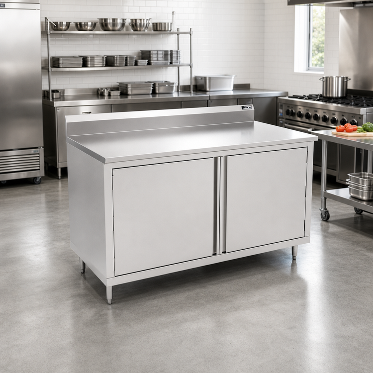 Product image #2 for Enclosed Stainless Steel Work Table with Cabinet Base and Hinged Doors, 84 x 30 Inches, 5-Inch Backsplash