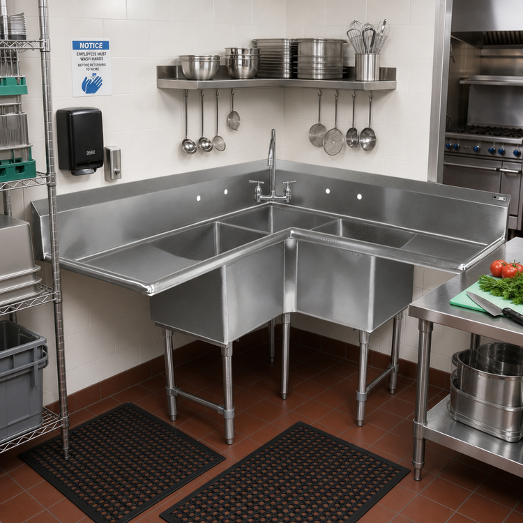 Product image #2 for John Boos Pro-Bowl 3-Compartment Corner Sink with Dual 18 Inch Drainboards, 62-1/2 x 62-1/2 Inch Stainless Steel