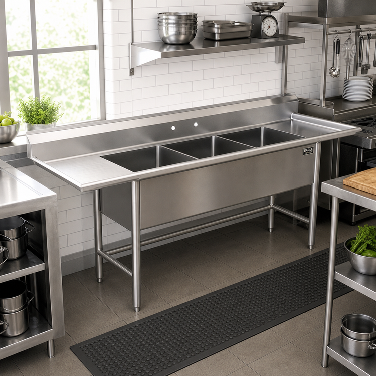 Product image #2 for Eagle Group S14 Series Three-Compartment Stainless Steel Sink with Left Drainboard, 89-1/2"W x 27"D