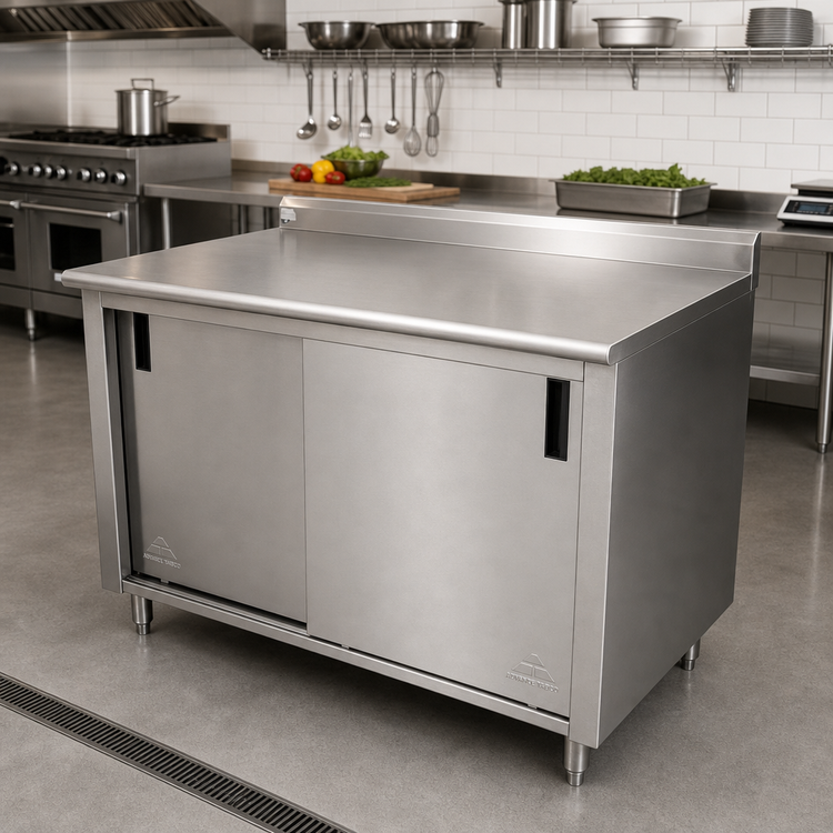 Product image #2 for Advance Tabco Enclosed Work Table with Sliding Door Cabinet Base, 120-Inch x 30-Inch, 14-Gauge 304 Stainless Steel Top