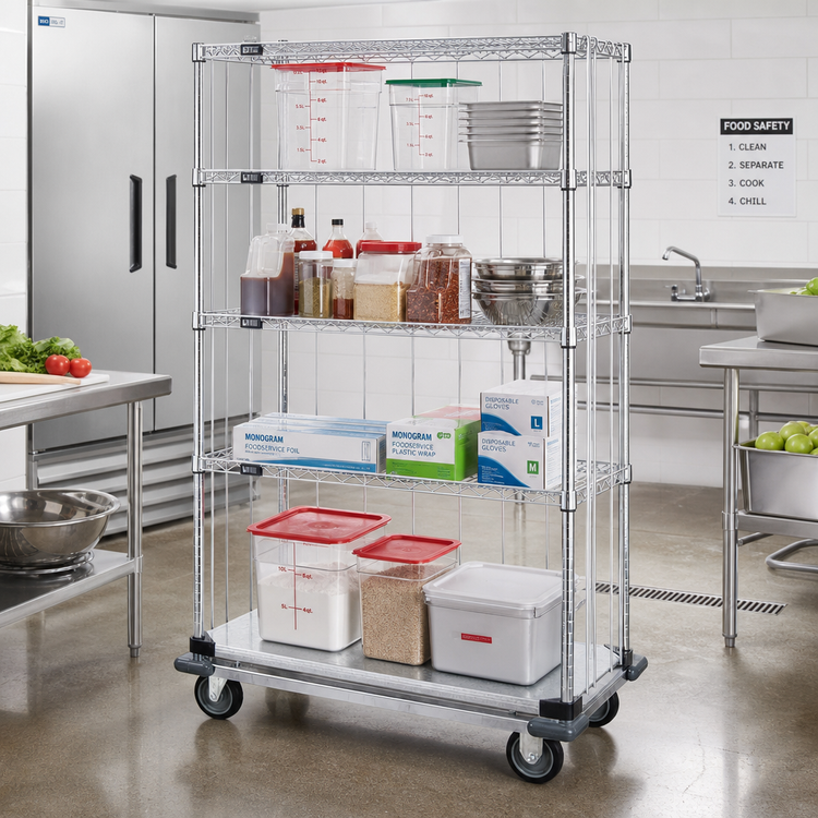 Product image #2 for Quantum 48 Inch x 18 Inch Mobile Enclosure Cart, 4-Shelf Wire Shelving Unit, Chrome-Plated Finish