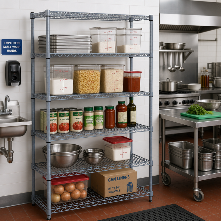 Product image #2 for Quantum Wire Shelving Starter Kit, 48" W x 14" D x 74" H, 5 Shelves, Gray Epoxy Antimicrobial Finish