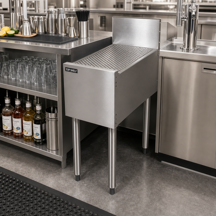 Product image #3 for Top Shelf TSF Series 15-Inch x 24-Inch Freestanding Underbar Stainless Steel Drainboard with Pitched Top and Backsplash