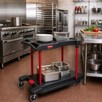 Thumbnail image #2 for Rubbermaid Commercial Products FG430000BLA Convertible 2-Shelf Plastic Utility Bus Cart with Folding Design, Locking Casters, Black