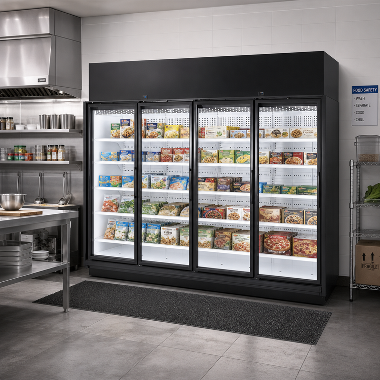 Product image #2 for True TRM4L 4-Section Low Temp Glass Door Freezer Merchandiser, Black Exterior/White Interior, YY End Panels