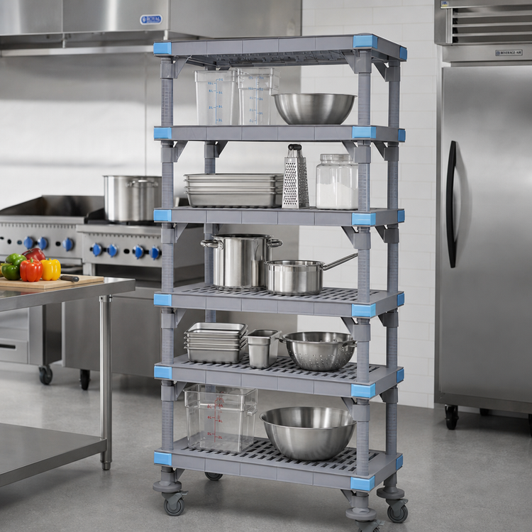 Product image #2 for Quantum Millenia Mobile Polymer Shelving Starter Unit with 5 Open Grid Shelves, 54 x 24 Inch, Gray