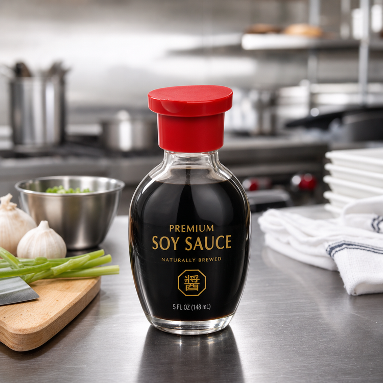 Product image #2 for Round Glass Soy Sauce Bottle with Red Pour Lid, 5 oz
