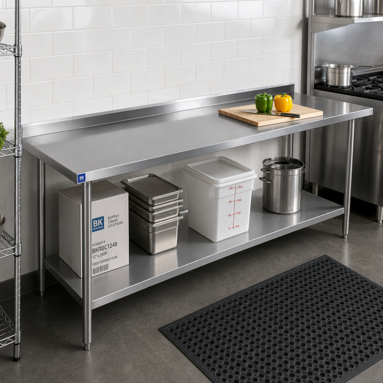 Product image #2 for BK Resources 84-Inch x 24-Inch 18-Gauge 430 Stainless Steel Work Table with 1-1/2-Inch Rear Riser and Adjustable Undershelf