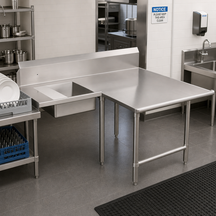 Product image #2 for John Boos Pro-Bowl L-Shaped Soiled Landing Dishtable with 10-Inch Landing Shelf, Right-to-Left Operation, 84-Inch Corner-to-End