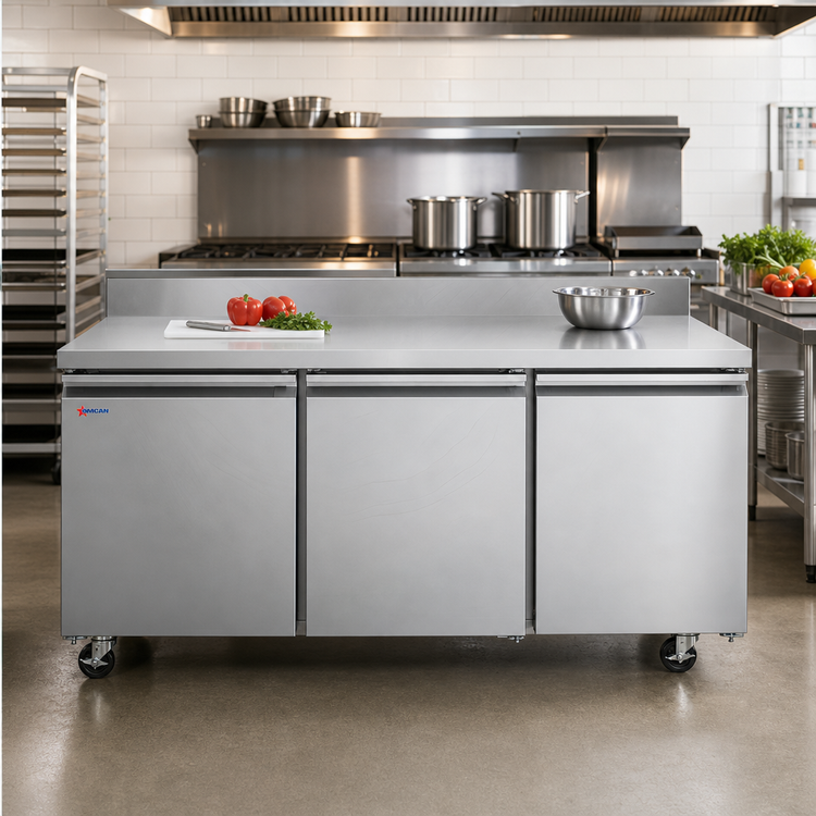 Product image #2 for Omcan 72-Inch Three-Section Worktop Refrigerator With Backsplash, 17 Cu. Ft., Stainless Steel