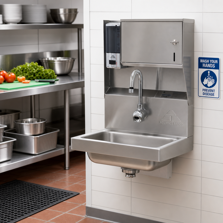 Product image #2 for Advance Tabco Wall Mounted Hand Sink with 14 x 10 x 5 Inch Bowl, Electronic Faucet, and Soap & Towel Dispenser