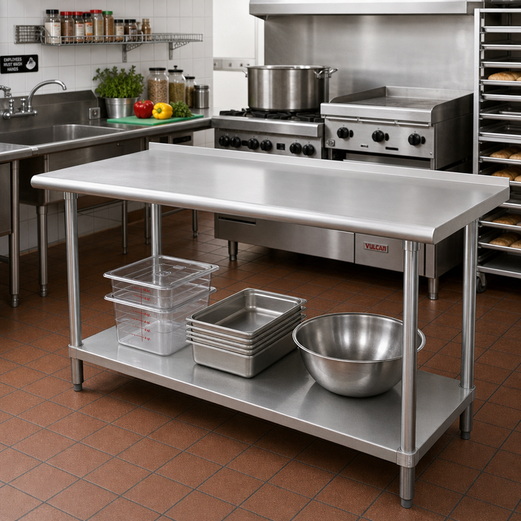 Product image #2 for Advance Tabco Stainless Steel Work Table with Galvanized Undershelf, 84 x 36 Inch, 1-1/2 Inch Rear Up-Turn