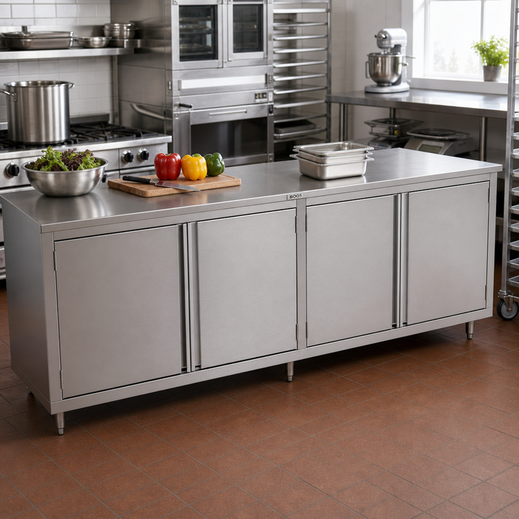 Product image #2 for John Boos 108"W x 24"D Stainless Steel Enclosed Work Table with Cabinet Base and Hinged Doors